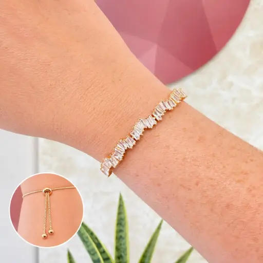 [G-PL-237] Pulsera en Rodinado Gold Champagne ajustable cristales baguette microcirconia rectángulos