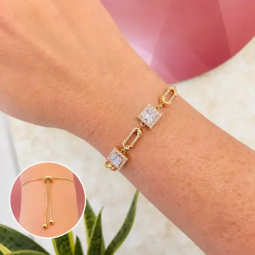 [G-PL-238] Pulsera en Rodinado Gold Champagne ajustable cristales baguette microcirconia cuadrado