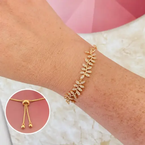 [G-PL-239] Pulsera en Rodinado Gold Champagne ajustable ramitas laurel microcirconia