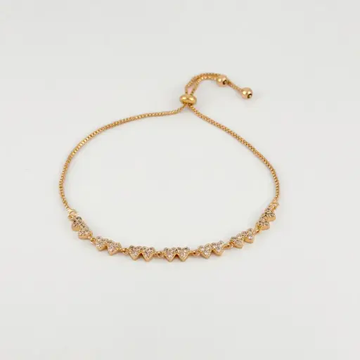 [G-PL-240] Pulsera en Rodinado Gold Champagne ajustable circón corazones verticales