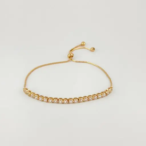 [G-PL-241] Pulsera en Rodinado Gold Champagne ajustable círculos cristal blanco