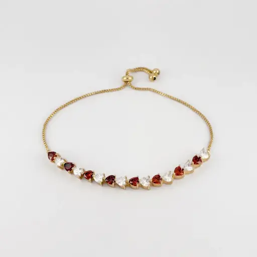 [G-PL-243] Pulsera en Rodinado Gold Champagne ajustable corazones cristal blanco / rojo