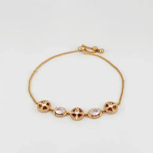 [G-PL-244] Pulsera en Rodinado Gold Champagne ajustable circulo ovalo cristal