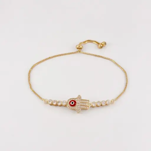 [G-PL-246] Pulsera en Rodinado Gold Champagne ajustable manito ojito esmaltado rojo