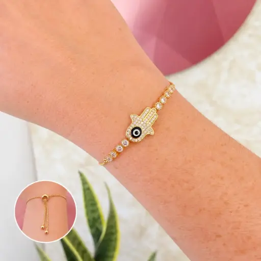 [G-PL-247] Pulsera en Rodinado Gold Champagne ajustable manito esmaltado negro