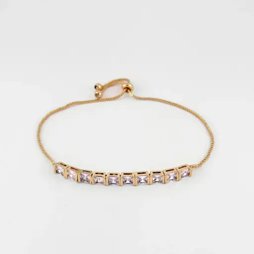[G-PL-248] Pulsera en Rodinado Gold Champagne ajustable cristal cuadrado