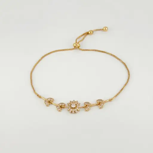 [G-PL-250] Pulsera en Rodinado Gold Champagne ajustable girasoles microcirconia