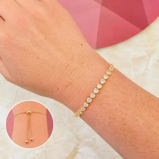 [G-PL-251] Pulsera en Rodinado Gold Champagne ajustable corazones horizontales