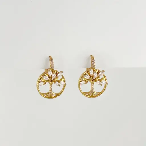 [G-AR-454] Aretes en Rodinado Gold Champagne sistema gancho catalán árbol cristales