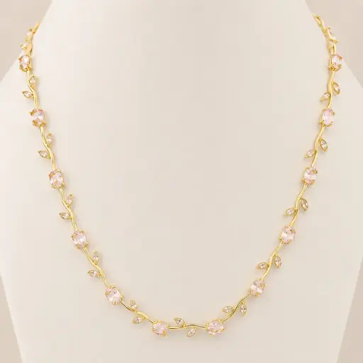 [G-CDD-223] Collar en rodinado Gold Tulipán cristales rosados