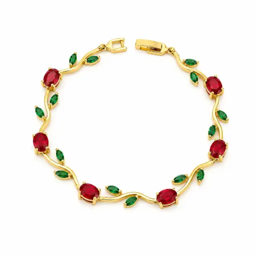 [G-PL-254] Pulsera en rodinado gold Tulipán cristales rojos