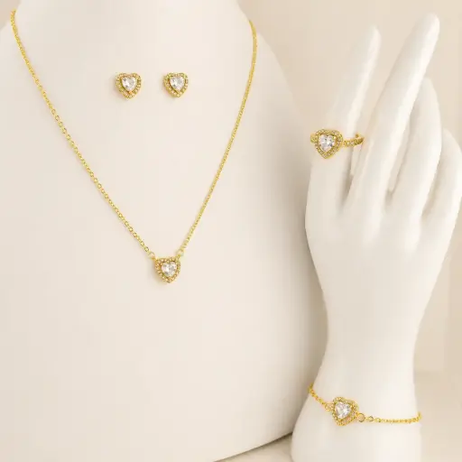 [G-JU-152] Set completo en rodinado gold corazón pandora cristal color surtido