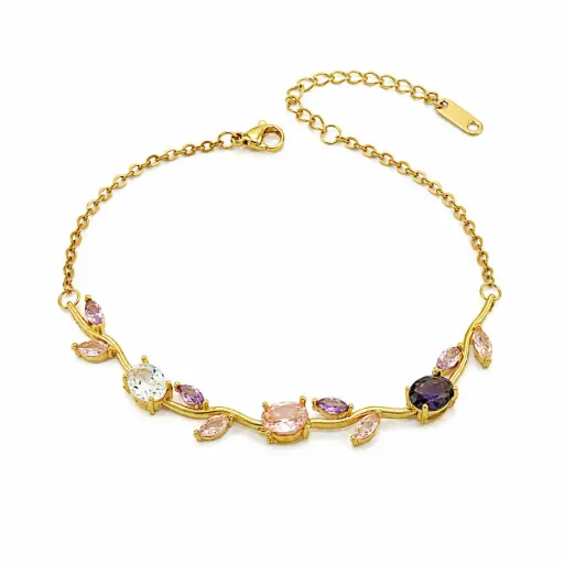 [AC-TB-134] Tobillera en Acero gold Tulipán con cadena cristales colores surtidos
