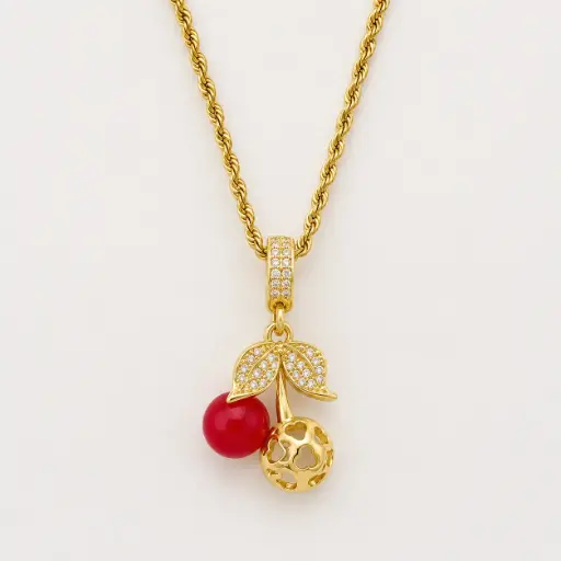 [G-CDD-238] Cadena en rodinado gold cadena especial dije microcirconia cerezas