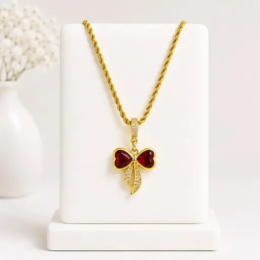 [G-CDD-239] Cadena en rodinado gold cadena especial dije microcirconia lazo circones rojos