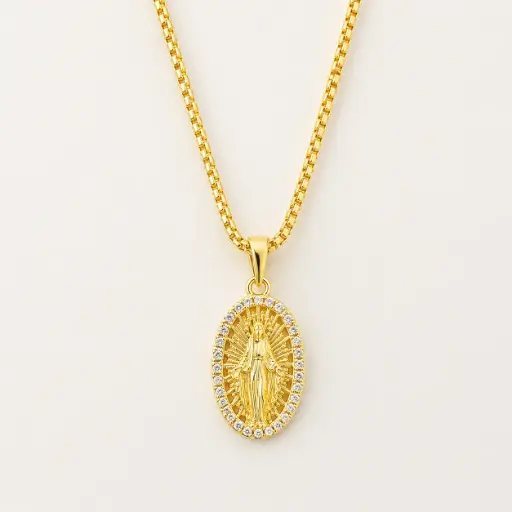 [G-CDD-230] Cadena en rodinado gold cadena especial dije microcirconia virgen Milagrosa