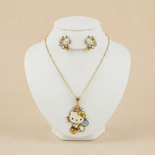 [AC-JU-227] Set esmaltado en acero gold para niñas figura hello kitty