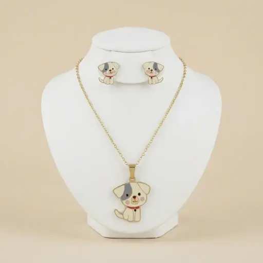 [AC-JU-228] Set esmaltado en acero gold para niñas figura perrito