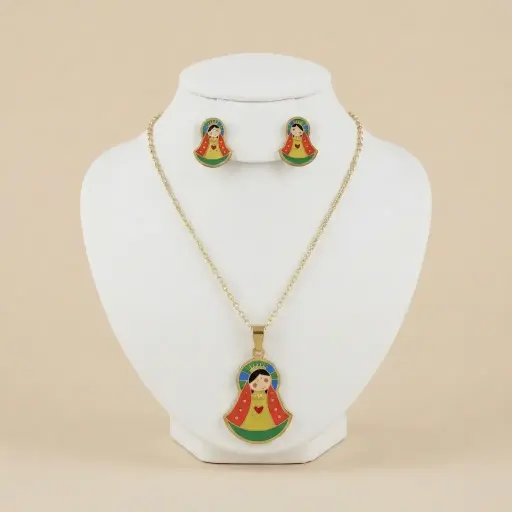 [AC-JU-230] Set esmaltado en acero gold para niñas figura virgencita please