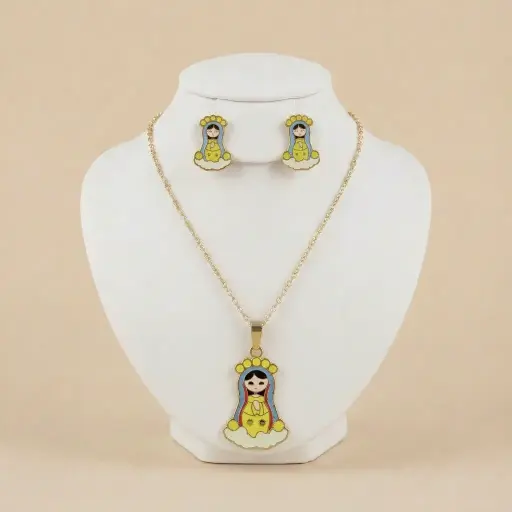[AC-JU-231] Set esmaltado en acero gold para niñas figura virgencita please