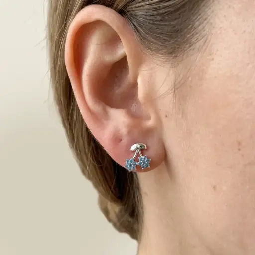 [P-AR-192] Aretes en Plata ley 925 cerezas mini microcircón turquesa