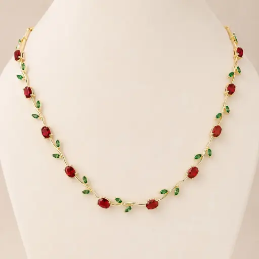 [G-CDD-244] Collar en rodinado Gold Tulipán cristales rojos