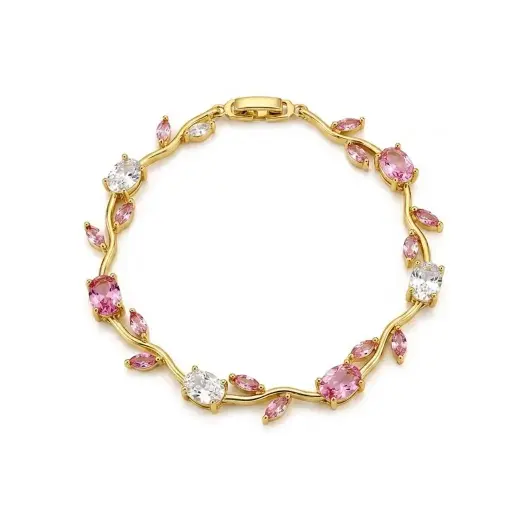 [G-PL-260] Pulsera en rodinado gold Tulipán cristales rosados