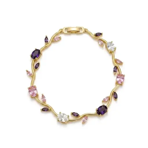 [G-PL-261] Pulsera en rodinado gold Tulipán cristales violeta / rosa / blanco