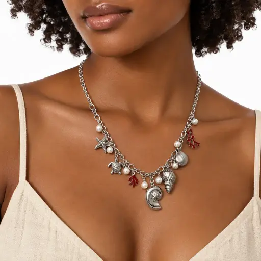 [AC-CDD-222] Collar en Acero Inoxidable plateado dijes marinos charms 