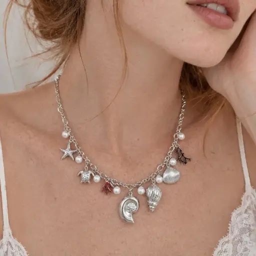 [AC-CDD-222] Collar en Acero Inoxidable plateado dijes marinos charms 