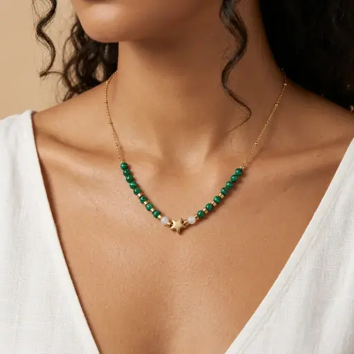 [AC-CDD-224] Collar en Acero Inoxidable dorado cristales verdes dije estrella