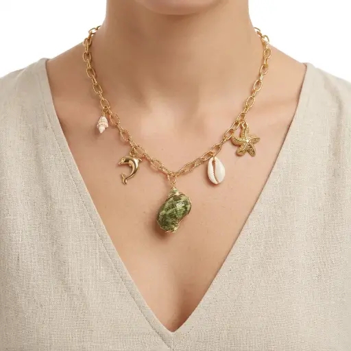 [AC-CDD-225] Collar en Acero Inoxidable dorado dijes charms piedra natural