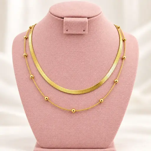[AC-CDD-227] Collar en Acero Inoxidable dorado doble cadena serpiente / bolitas