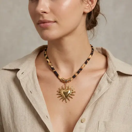 [AC-CDD-228] Collar en Acero Inoxidable dorado animal print corazón sol