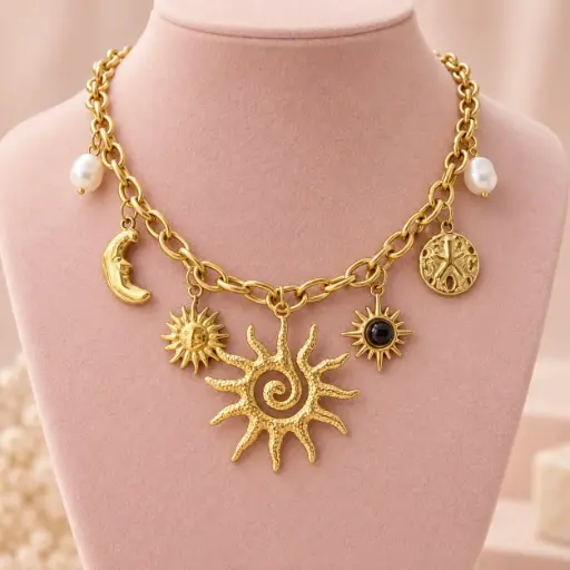 [AC-CDD-229] Collar en Acero Inoxidable dorado dijes charms sol / luna