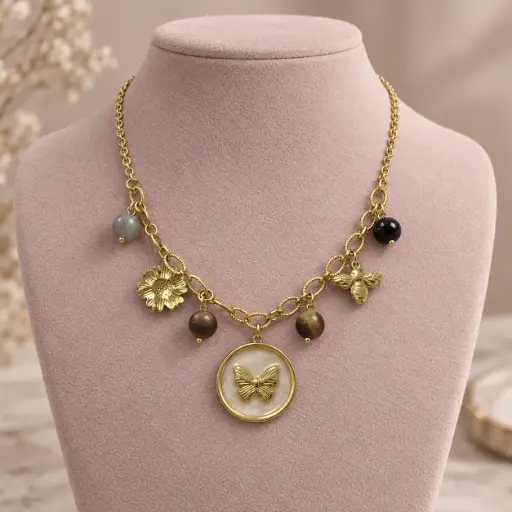 [AC-CDD-230] Collar en Acero Inoxidable dorado dijes charms mariposa nácar