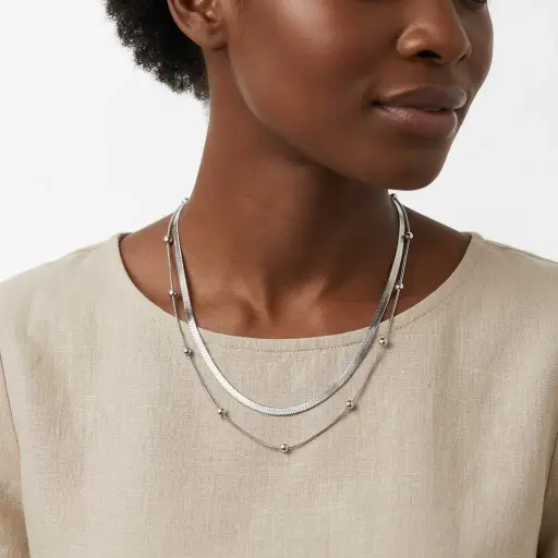 [AC-CDD-232] Collar en Acero Inoxidable plateado doble tejido serpiente / bolitas 