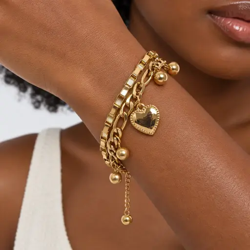 [AC-PL-214] Pulsera en Acero Inoxidable dorada dijes charms corazones