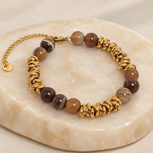 [AC-PL-222] Pulsera en Acero Inoxidable dorada piedras ojo de tigre
