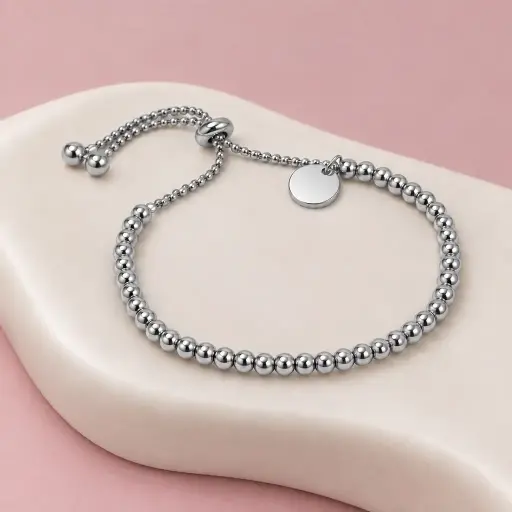 [AC-PL-224] Pulsera en Acero Inoxidable plateada ajustable bolitas 
