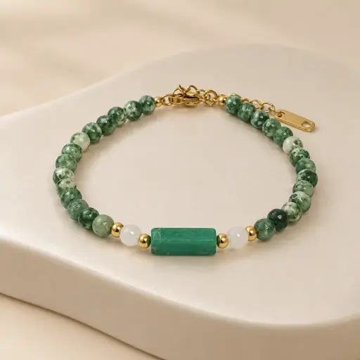 [AC-PL-225] Pulsera en Acero Inoxidable dorada piedras verdes