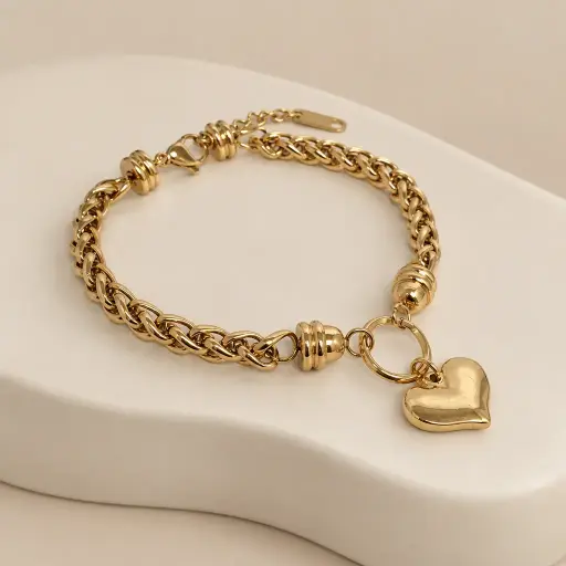 [AC-PL-230] Pulsera en Acero Inoxidable dorada trenza dije corazón