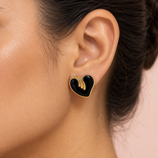 [AC-AR-487] Arete en Acero Inoxidable gold corazón esmaltado negro 