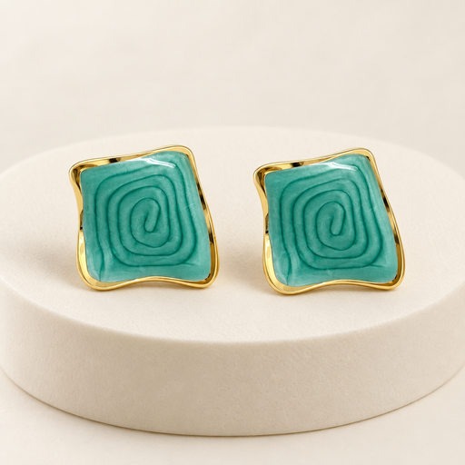 [AC-AR-489] Arete en Acero Inoxidable gold cuadrado esmaltado verde 