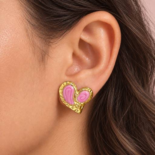 [AC-AR-498] Arete en Acero Inoxidable gold corazón esmaltado rosa 