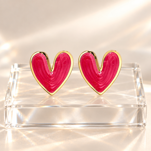 [AC-AR-501] Arete en Acero Inoxidable gold corazón esmaltado rojo frambuesa 