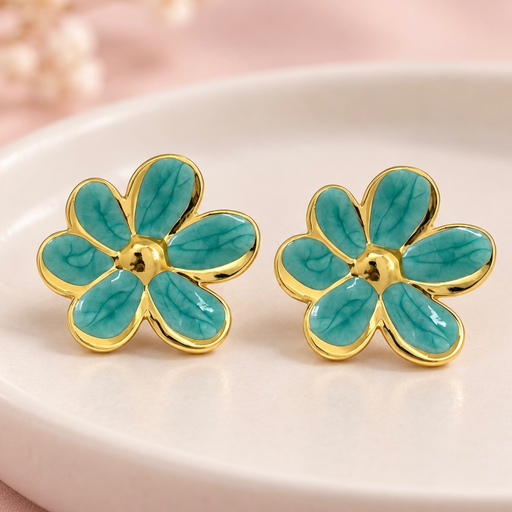 [AC-AR-504] Arete en Acero Inoxidable gold flor esmaltado verde 