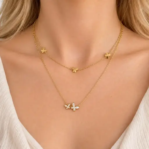 [AC-CDD-243] Collar en Acero Inoxidable doble dorado mariposas