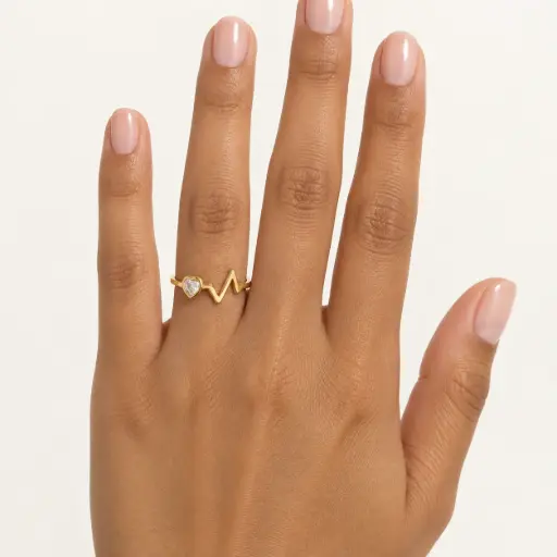 [AC-AN-420] Anillo en acero inoxidable premium gold latido corazón cristal 316L
