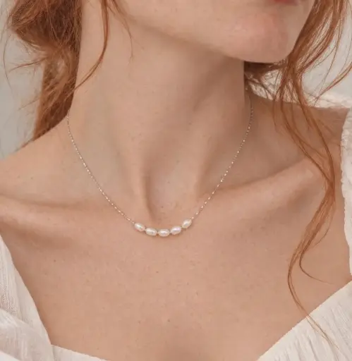 [AC-CDD-245] Collar en Acero Inoxidable plateado calidad 316L perlas